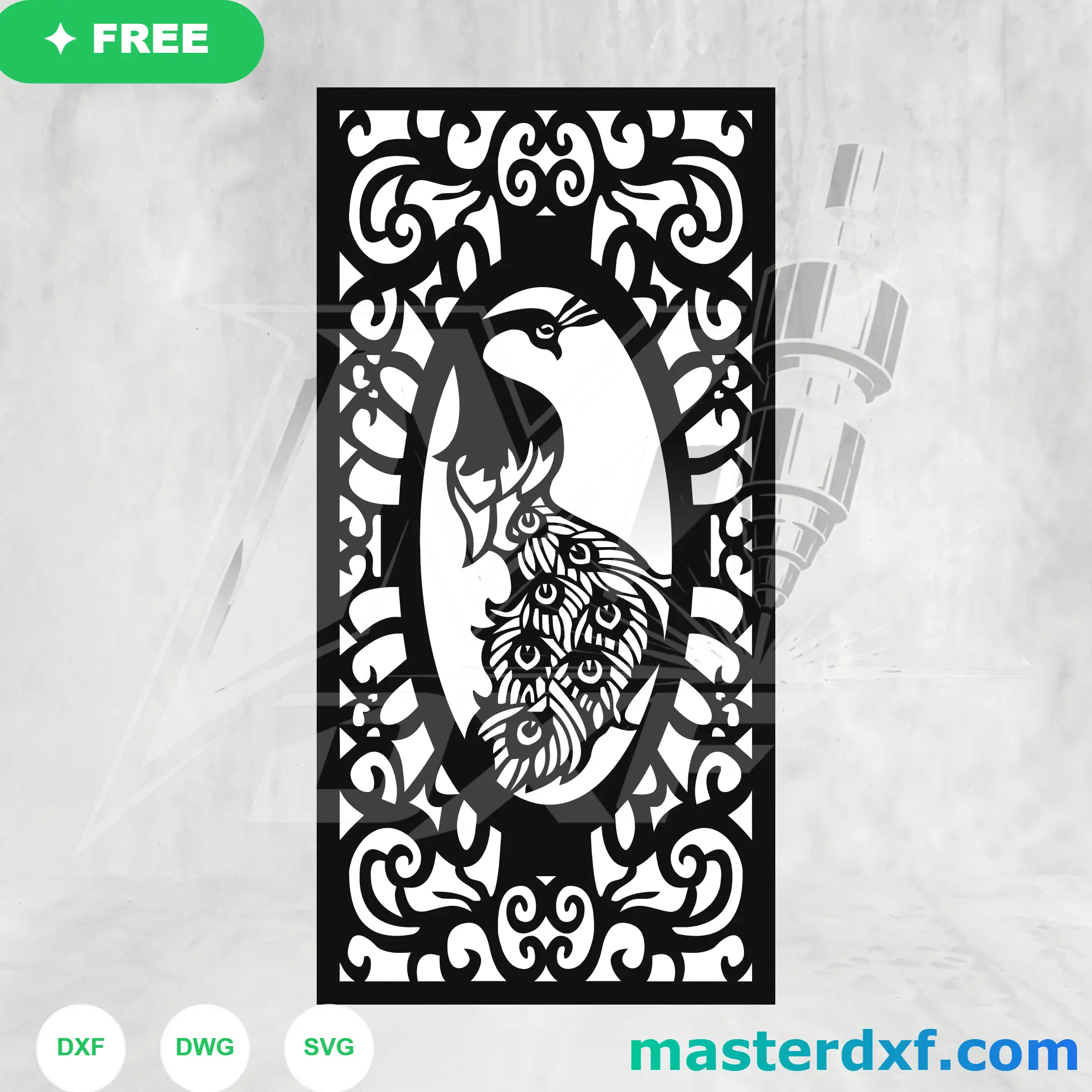 Oval Framed Regal Peacock Symmetrical Damask Panel DXF File